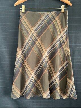 Vintage Lauren Ralph Lauren 100% Silk Skirt PP Petite Brown Plaid VTG Old Money